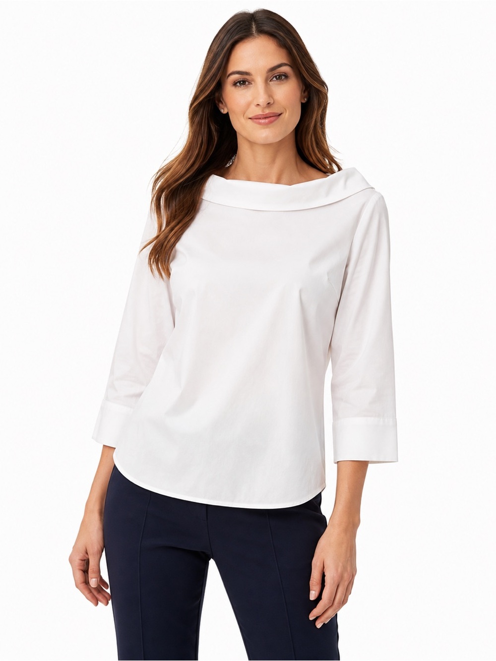 Talbots White Cotton Blend Bateau Collar 3/4 Sleeve Popover Blouse Size Large